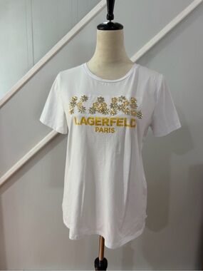 Karl Lagerfeld Paris Logo Graphic T-Shirt in White/ Gold Size M Floral